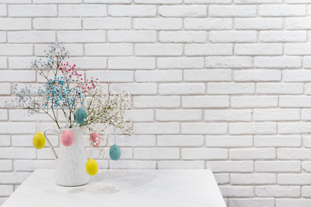 Beautiful Easter postcard background with copy space. Decorated interiorの写真素材