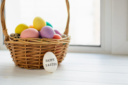 Wicker basket with bright colorful eggs and with text Happy Easter near windowの写真素材