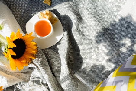 Cozy home with cup of hot tea near window with plaid and pillowの写真素材