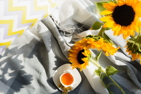 Cozy home with cup of hot tea near window with plaid and pillowの写真素材