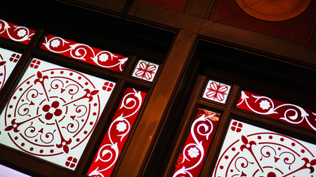 TOKYO / JAPAN - MAY 02, 2018: Wooden window frame with abstract glass.のeditorial素材