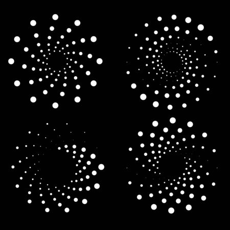 Set of white halftone dots in spiral form. Geometric art. Design element for prints, web pages, template, sign, symbol, logo, tattoo, abstract background and textile patternのイラスト素材