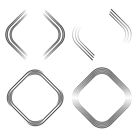 Set of black abstract stripes in rounded rectangle form. Geometric art. Design elements for logo, border frame, sign, symbol, prints, web pages, template, posters and monochrome patternのイラスト素材