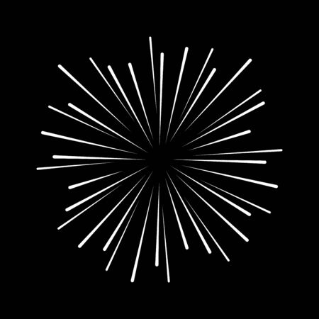 Abstract white radial speed lines in round form. Geometric art. Fireworks. Explosion. Black background. Design element for  sign, symbol, prints, web, template and textile patternのイラスト素材