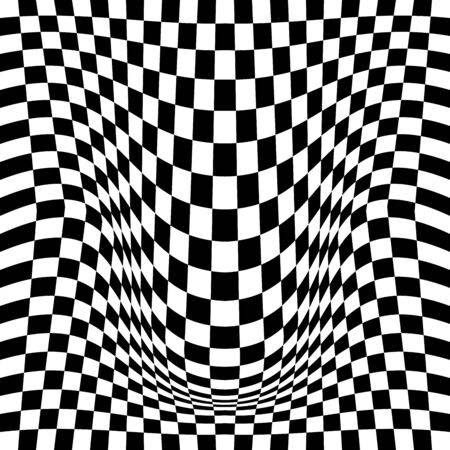 Curved checker board. Op art. Vector illustration. Abstract monochrome background. Trendy pattern...