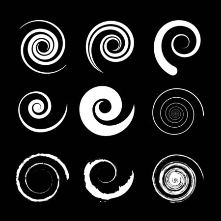 Set of white spiral shapes on a black background. Vector illustration. Trendy element for web pages, prints, textile, geometric tattoo, pattern and template designのイラスト素材