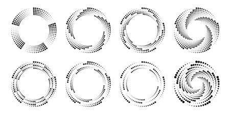 Set of black radial halftone dots in spiral form. Geometric art. Trendy design element for frame, logo, tattoo, sign, symbol, web pages, prints, posters, template, pattern and abstract backgroundのイラスト素材