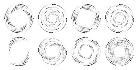 Set of black halftone dotted lines in spiral form. Geometric art. Trendy design element for frame, logo, tattoo, sign, symbol, web pages, prints, posters, template, pattern and abstract backgroundのイラスト素材