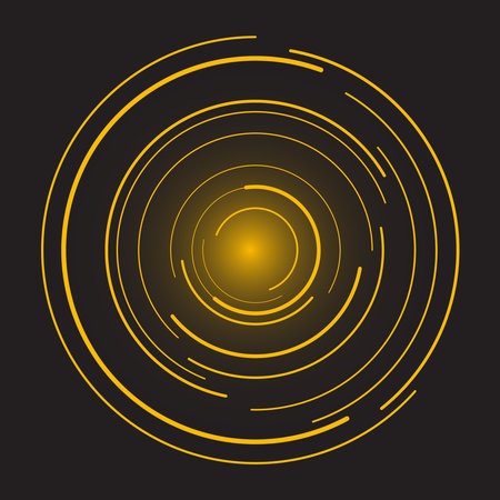 Abstract yellow circular speed lines. Vector illustration. Trendy design element for technology round logo, striped border frame, tattoo, prints, monochrome pattern and abstract backgroundのイラスト素材