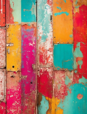 A vibrant, chaotic mix of vibrant colors and distressed textureの素材