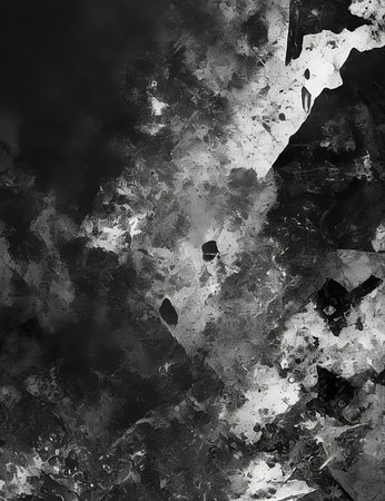 A chaotic, abstract pattern of black and white grunge texture, with a rough, jagged edgeの素材
