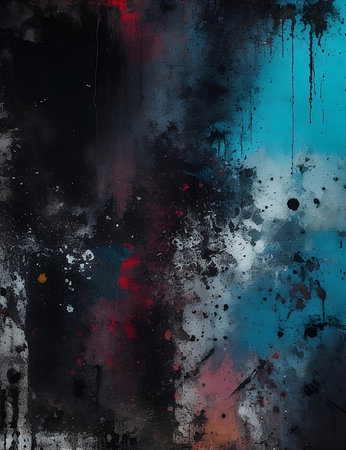 A chaotic, abstract pattern of splattered paint and distressed textureの素材