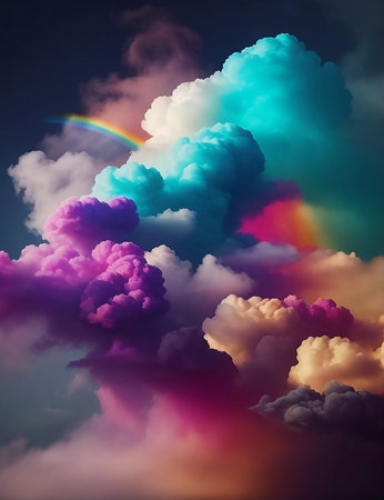 A mesmerizing clouds of rainbow-hued smoke and shimmering particlesの素材