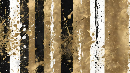 Striped black and white grunge background with gold paint splashes, modern posterの素材