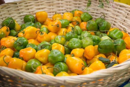yellow pepper and green pepper in basketの写真素材