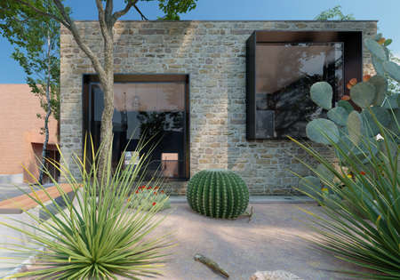 Modern house facade with stone detail, 3d rendering by Estudio Visual Nodo.の写真素材