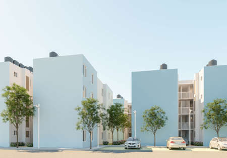 Suburban housing complex with facade in blue color, 3D rendering.の写真素材