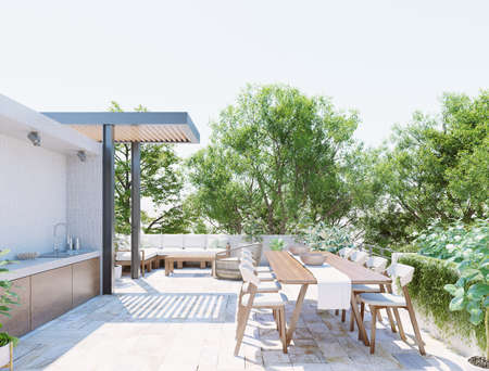 3d rendering of modern style patio with pergola and in tropical environmentの写真素材