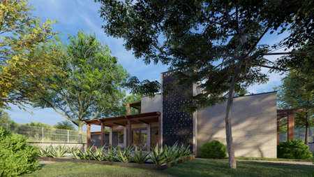 3d rendering of modern house in garden viewの写真素材