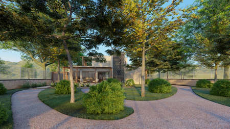 3D rendering of modern house surrounded by large trees and large garden.の写真素材