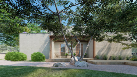 3D rendering of facade in modern house surrounded by large trees in the gardenの写真素材