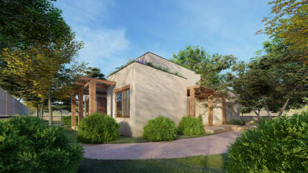 3D rendering of traditional style house, view from the garden.の写真素材
