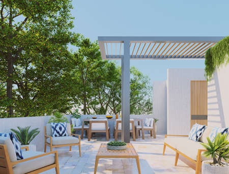 3d rendering of patio with modern pergola in tropical settingの写真素材
