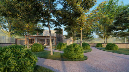 3d rendering of modern house surrounded by large trees in the gardenの写真素材
