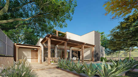 3d rendering of beautiful modern house with patio viewの写真素材