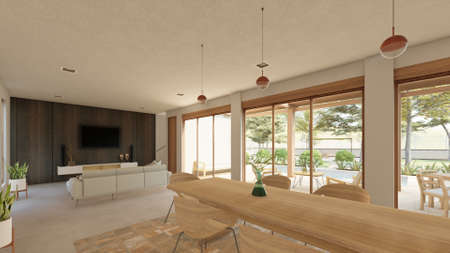 3d rendering of modern living room and dining room in open spaceの写真素材