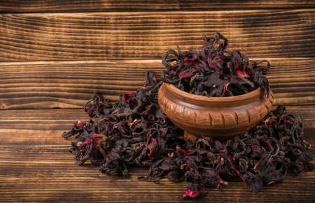 Jamaica or hibiscus flowers on kitchen utensilsの写真素材