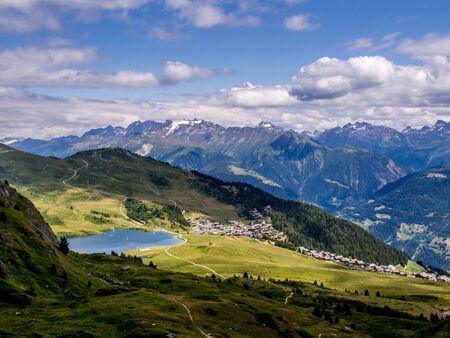 Bettmersee lake and Bettmeralp village in the canton of Valais Switzerlandの写真素材