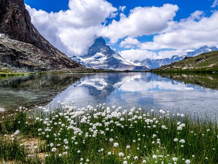 Riffelsee lake and Matterhorn in the canton of Valais Switzerlandの写真素材