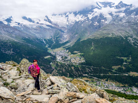 Walking in Saas valley in the canton of Valais Switzerlandの写真素材