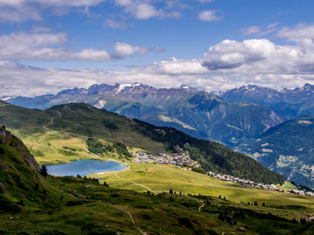 Bettmersee lake and Bettmeralp village in the canton of Valais Switzerlandの写真素材