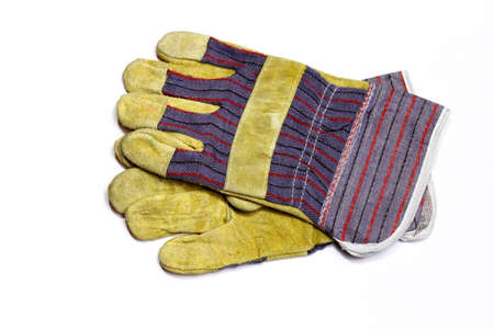 Pair of protective work gloves isolated on white backgroundの写真素材