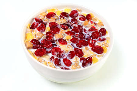 Bowl of muesli in hot milk with cranberries added on topの写真素材