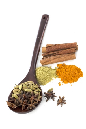The various of asian herbs and spices isolated with white backgroundの写真素材