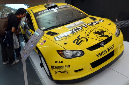 KUALA LUMPUR - DEC 12: Proton rally car Satria Neo S2000 on display at the Kuala Lumpur International Motor Show 2010 on DECEMBER 12, 2010 in Kuala Lumpur, Malaysiaのeditorial素材
