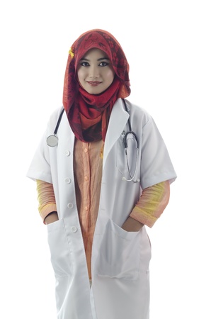 potrait of muslim medical doctor woman isolated on white backgroundの写真素材