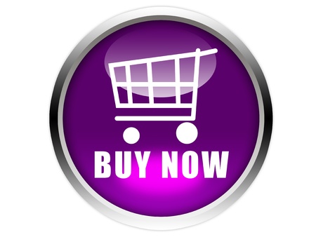 purple glossy button with white trolley iconand buy now word isolated over white backgroundの写真素材