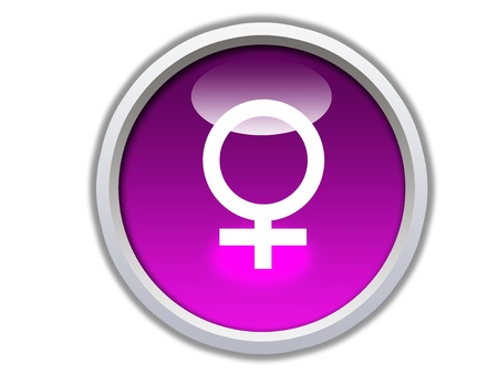 pink glossy button with white female symbol isolated over white backgroundの写真素材