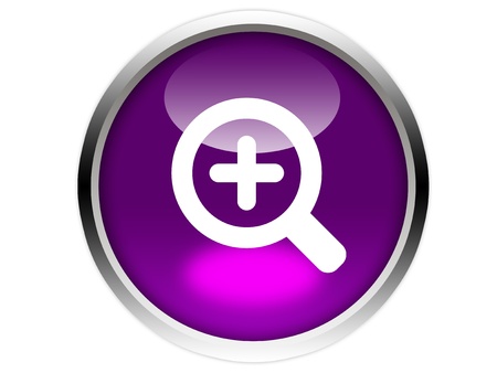 Magnifier round symbol on purple glossy button isolated over white backgroundの写真素材