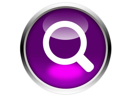 Magnifier round symbol on purple glossy button isolated over white backgroundの写真素材