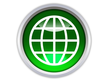 green glossy globe sign button isolated over white backgroundの写真素材