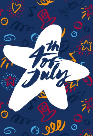 Postcard to the day of Independence of the United States. 4th of July. Handmade. Painted with a brush. 4th of July. Vector illustration.のイラスト素材