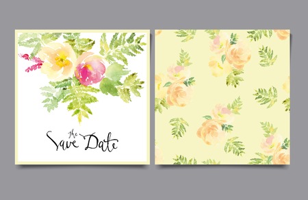 Vector invitation card with watercolor flowers. Bridal shower. Decorative card. Flowers painted in watercolor. Hand lettering. Seamless pattern.のイラスト素材