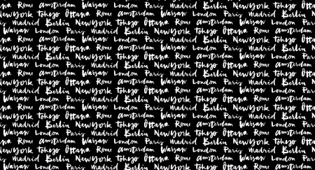 Cities of the world seamless pattern. The names of the cities of the world. European cities. Hand lettering. Seamless pattern.のイラスト素材