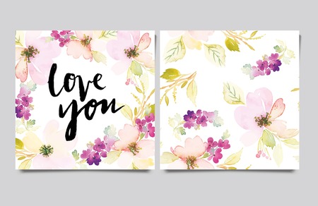 Decorative card. Flowers painted in watercolor. Hand lettering. Seamless pattern.のイラスト素材