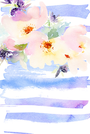 Greeting card with flowers. Pastel colors. Handmade. Watercolor painting. Wedding, birthday, Mother's Day. Bridal shower.の写真素材